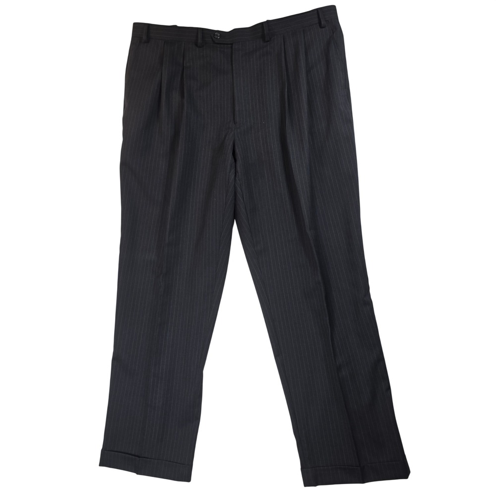 Chaps Mens 48L 42x32 Wool Pinstripe Suit Charcoal Gray 3 Button Pleated Cuffed - Picture 3 of 16